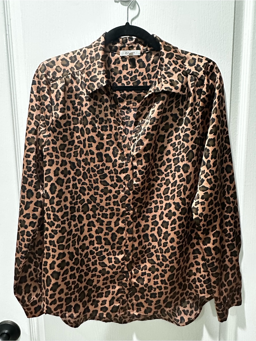 Pleione Leopard Print Satin Button-Down Blouse - Brown/Black